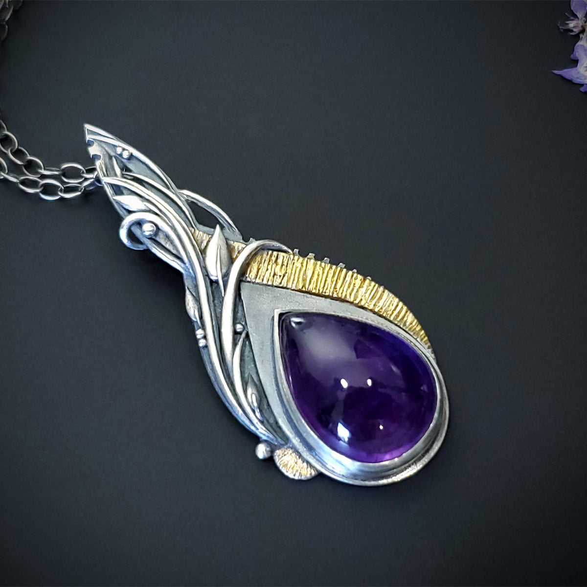 Regal Dream - Fine Silver / 22k Gold With Amethyst Pendant Earrings Set