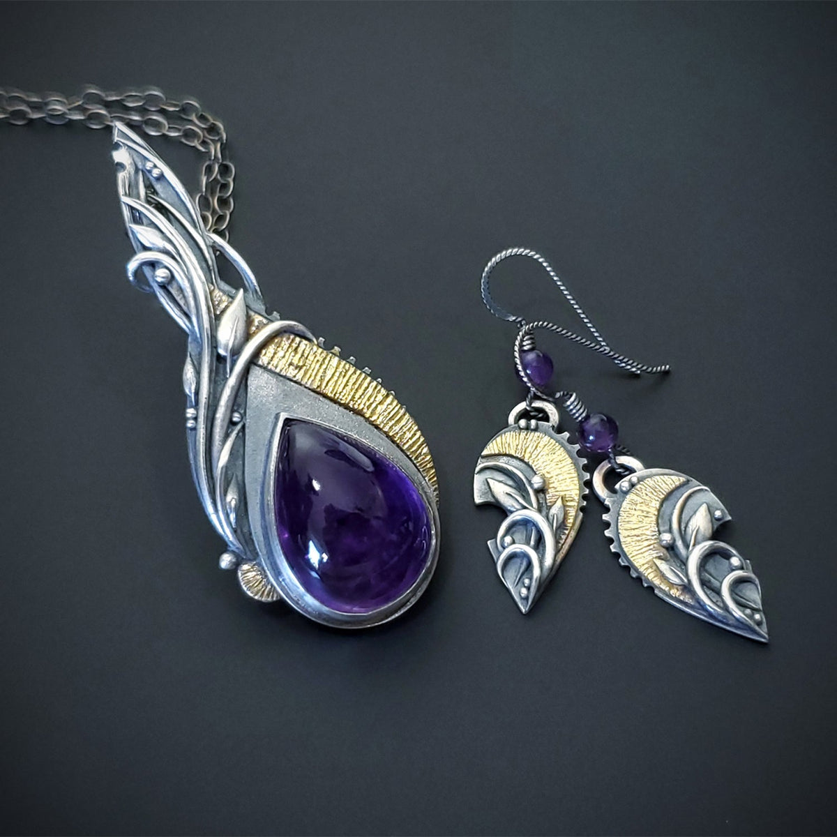 Regal Dream - Fine Silver / 22k Gold With Amethyst Pendant Earrings Set