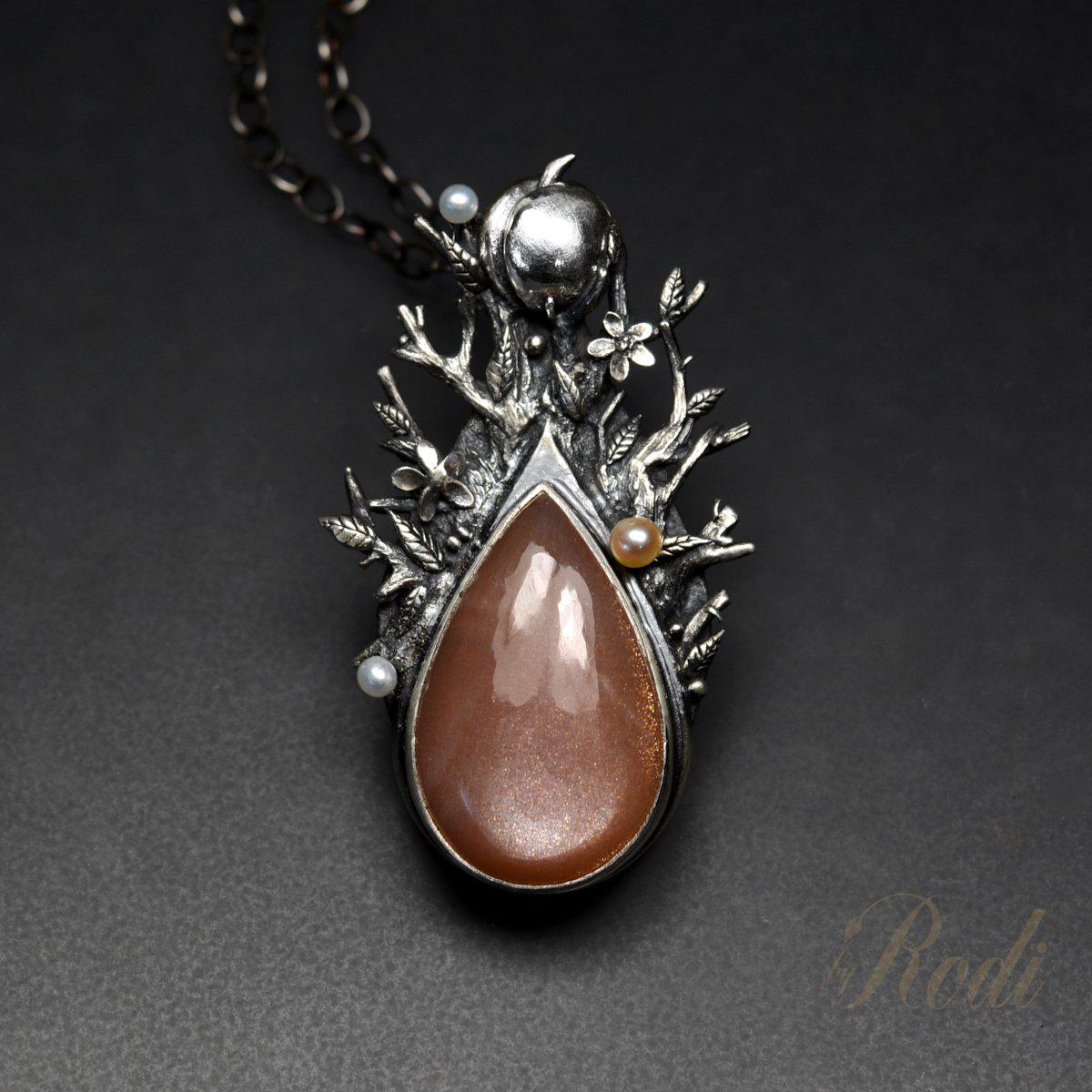 Seed Of Life - Fine Silver Pendant, With Peach Moonstone And Pearls