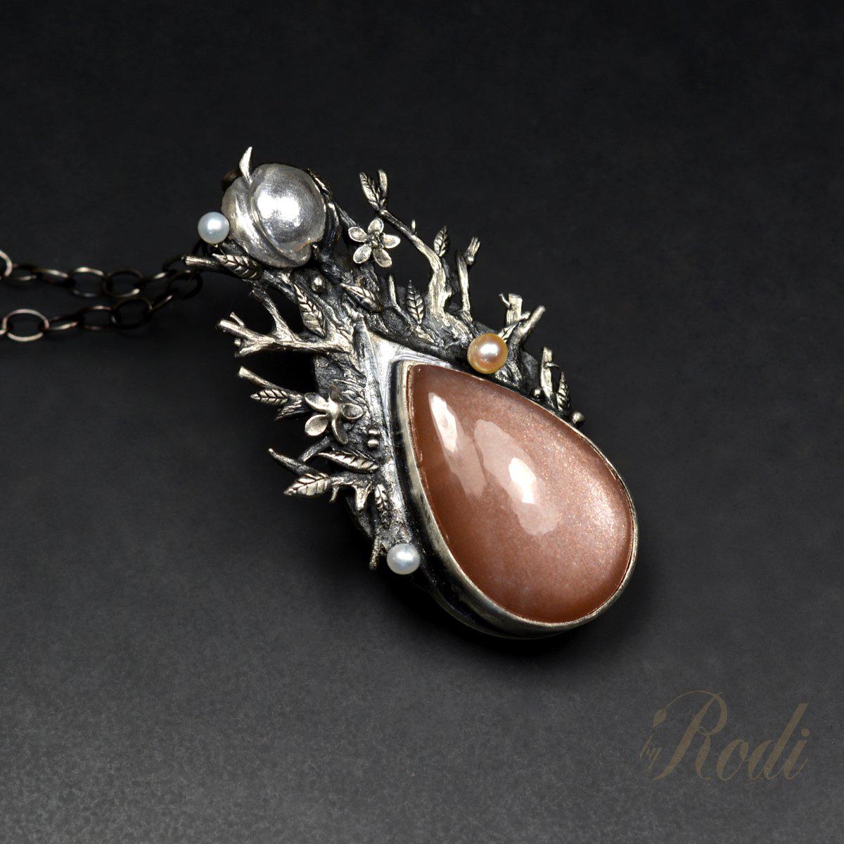 Seed Of Life - Fine Silver Pendant, With Peach Moonstone And Pearls