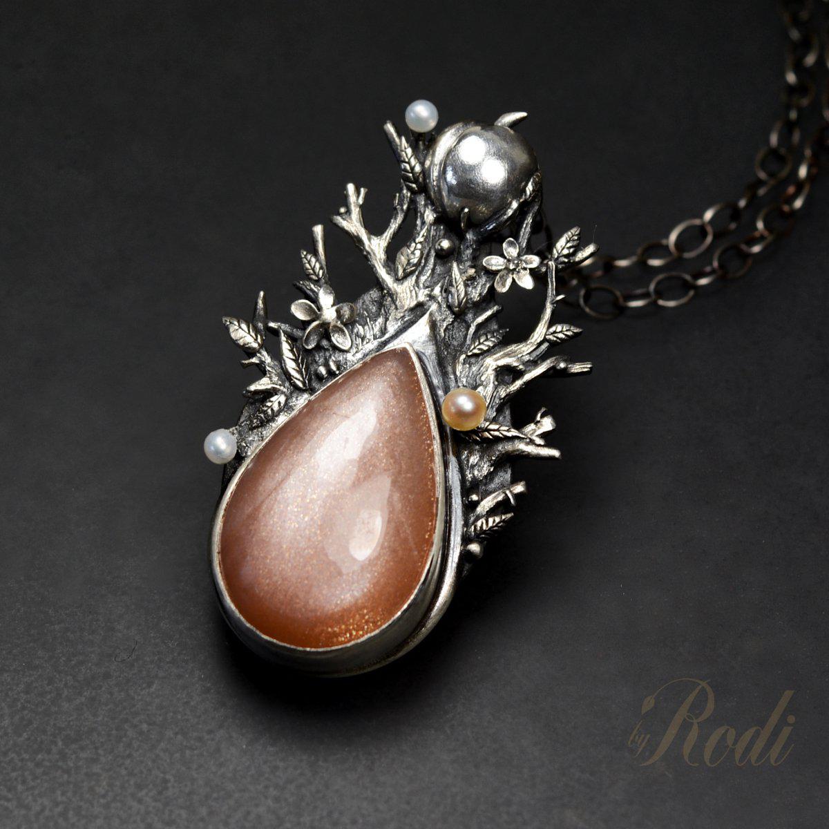 Seed Of Life - Fine Silver Pendant, With Peach Moonstone And Pearls