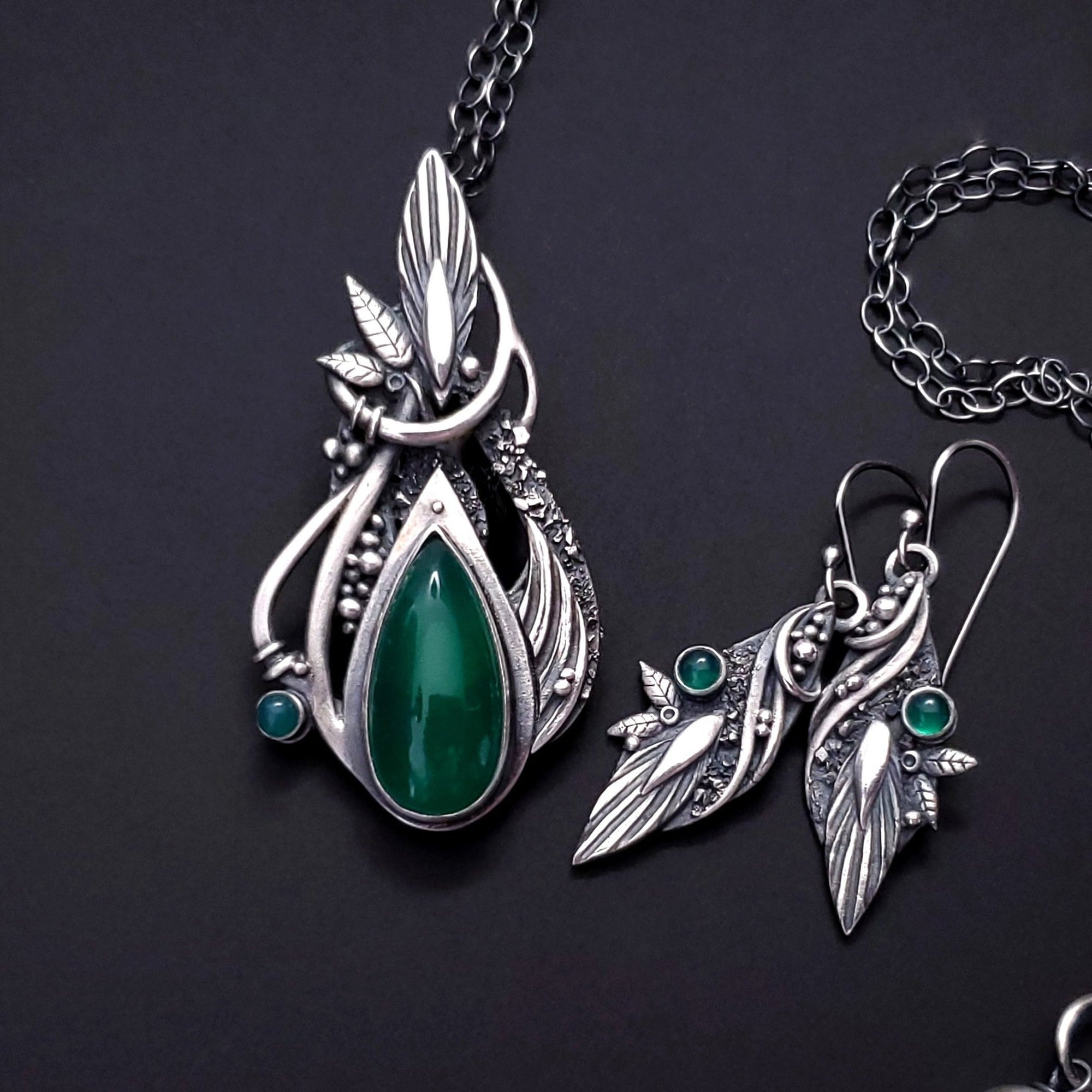 Serenity - Fine Silver Pendant / Complementing Earrings Set With Green Onyx
