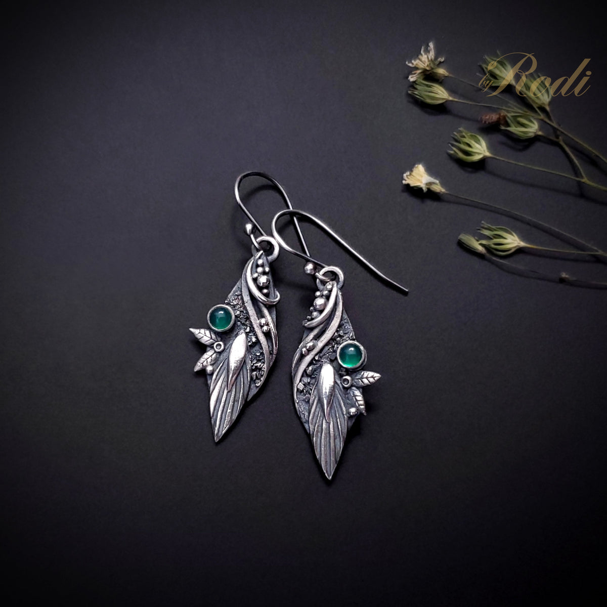 Serenity - Fine Silver Pendant / Complementing Earrings Set With Green Onyx
