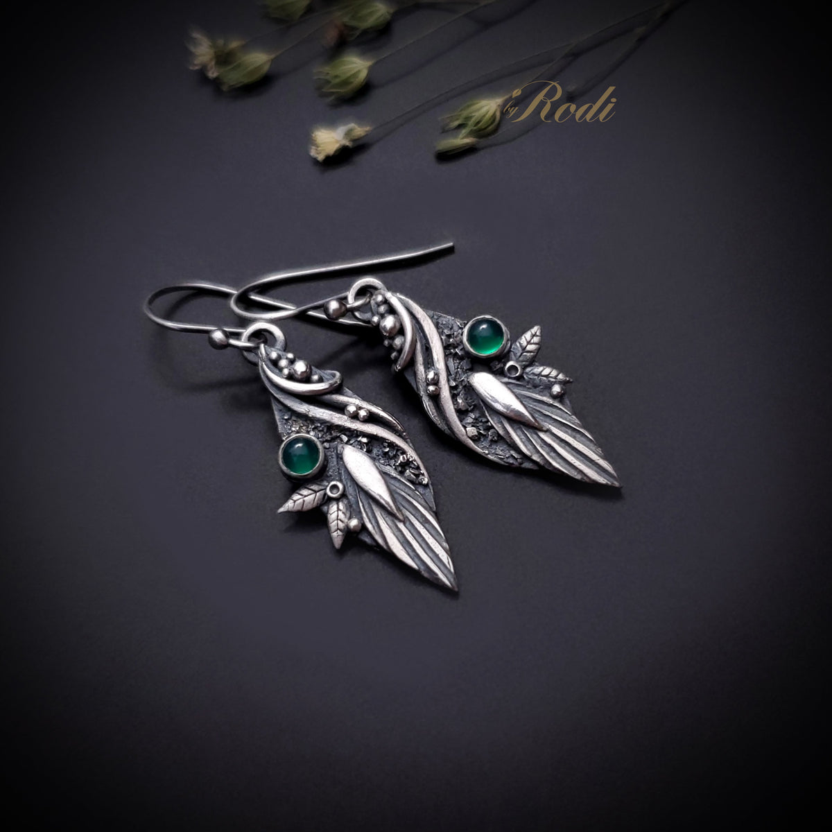 Serenity - Fine Silver Pendant / Complementing Earrings Set With Green Onyx