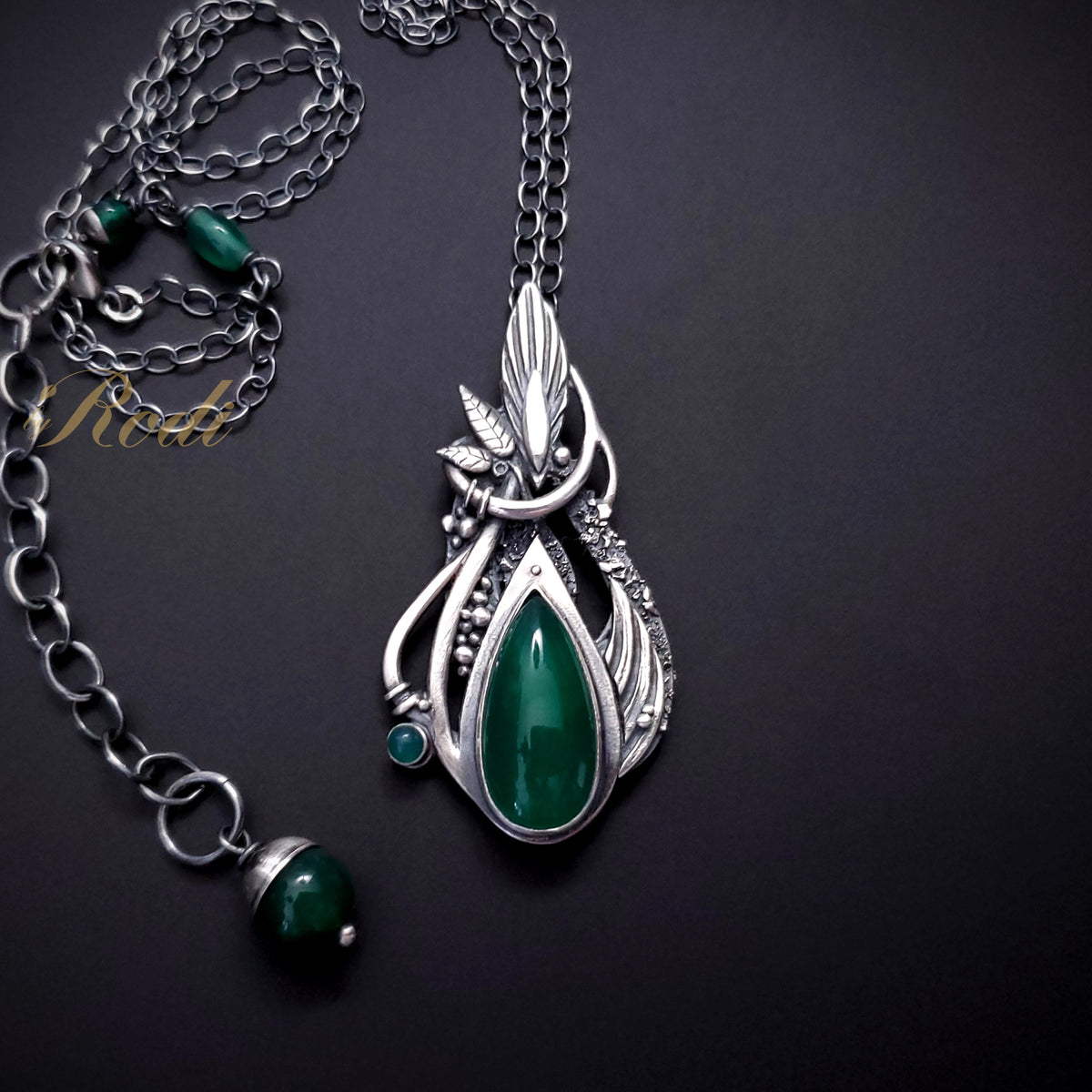 Serenity - Fine Silver Pendant / Complementing Earrings Set With Green Onyx