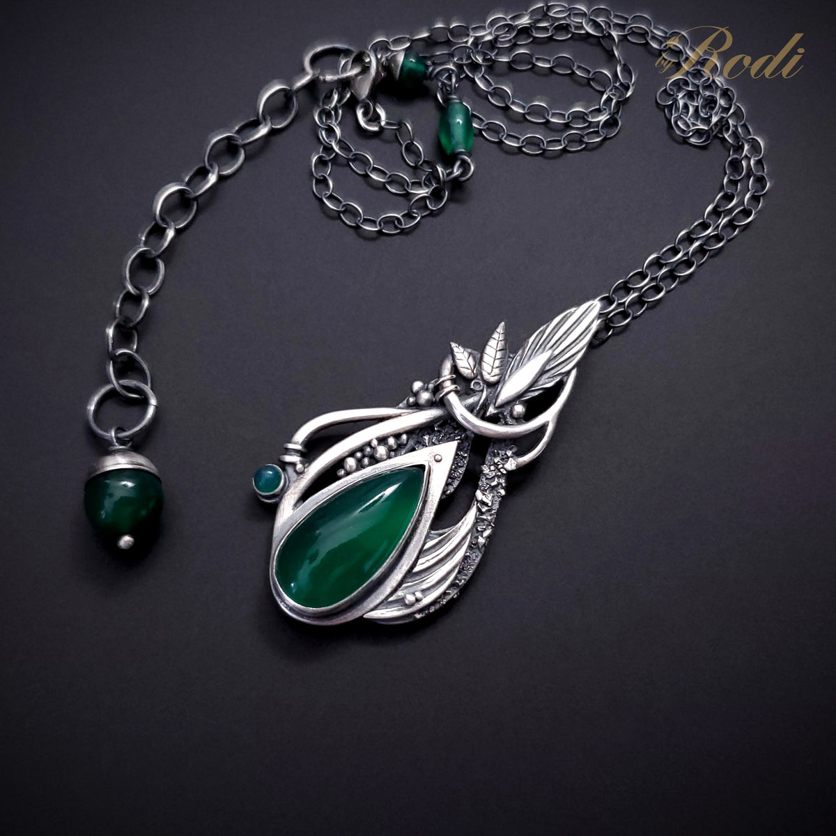 Serenity - Fine Silver Pendant / Complementing Earrings Set With Green Onyx