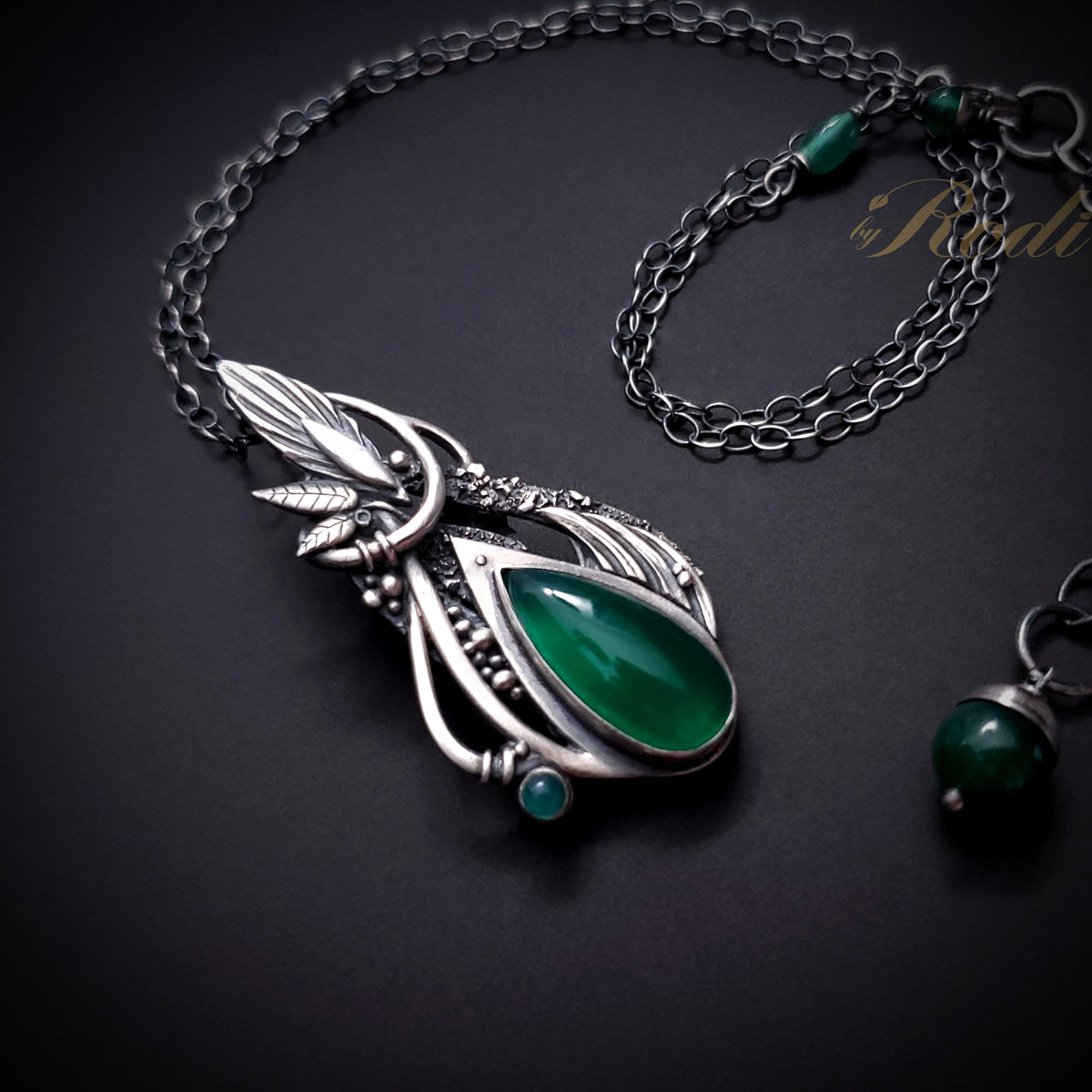 Serenity - Fine Silver Pendant / Complementing Earrings Set With Green Onyx