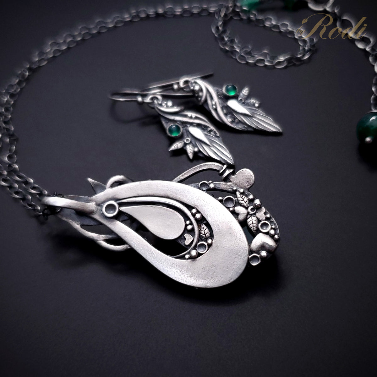 Serenity - Fine Silver Pendant / Complementing Earrings Set With Green Onyx