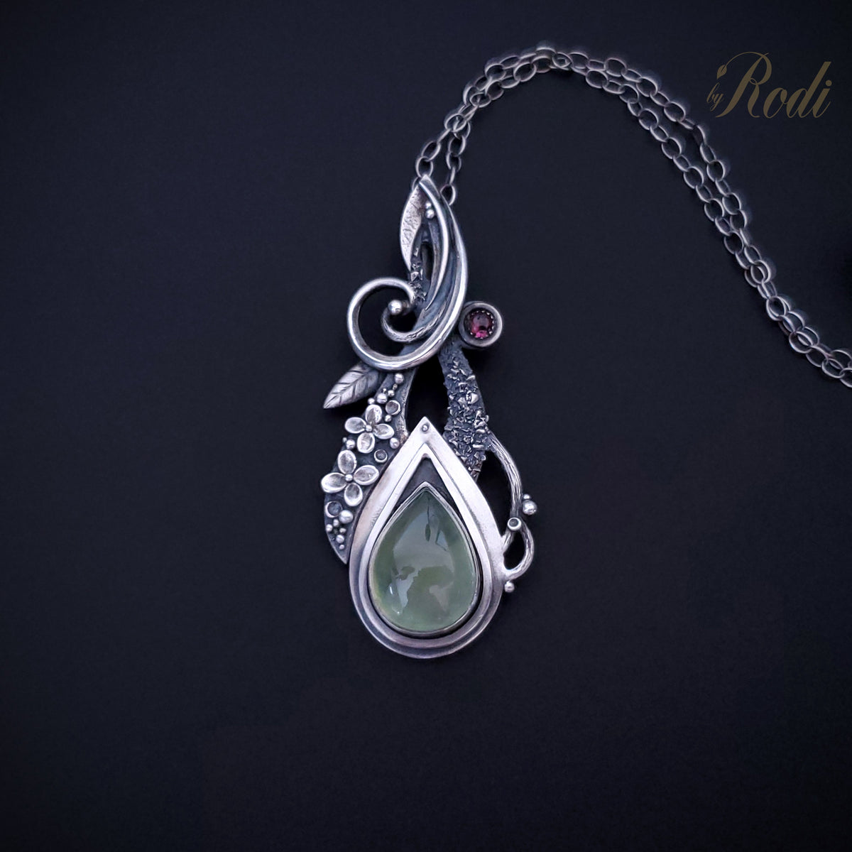 Solitude - Fine Silver Pendant With Prehnite / Tourmaline