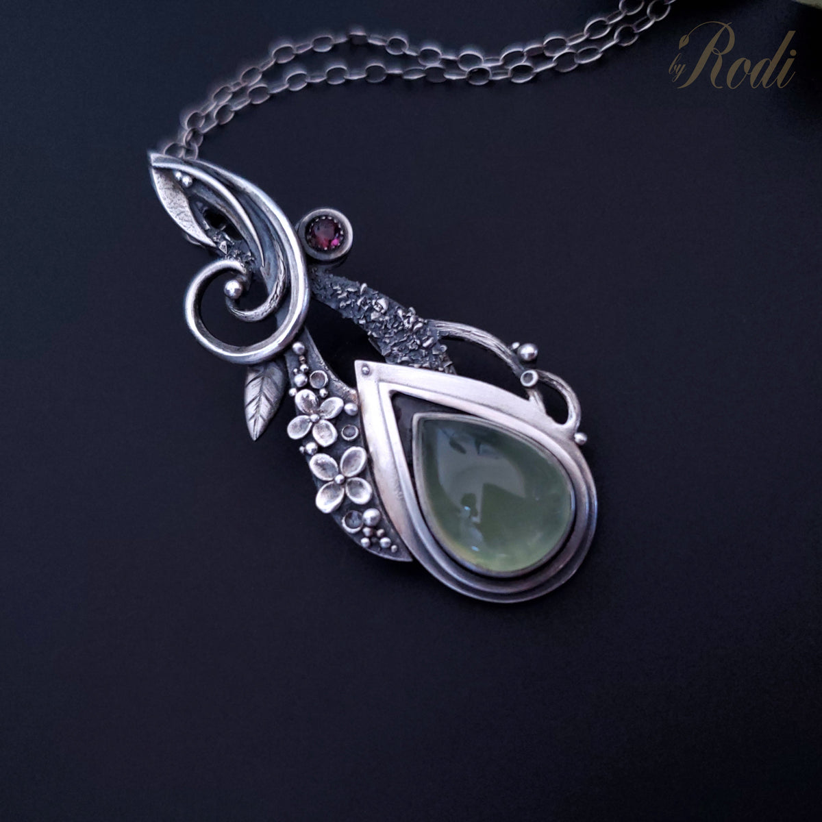 Solitude - Fine Silver Pendant With Prehnite / Tourmaline