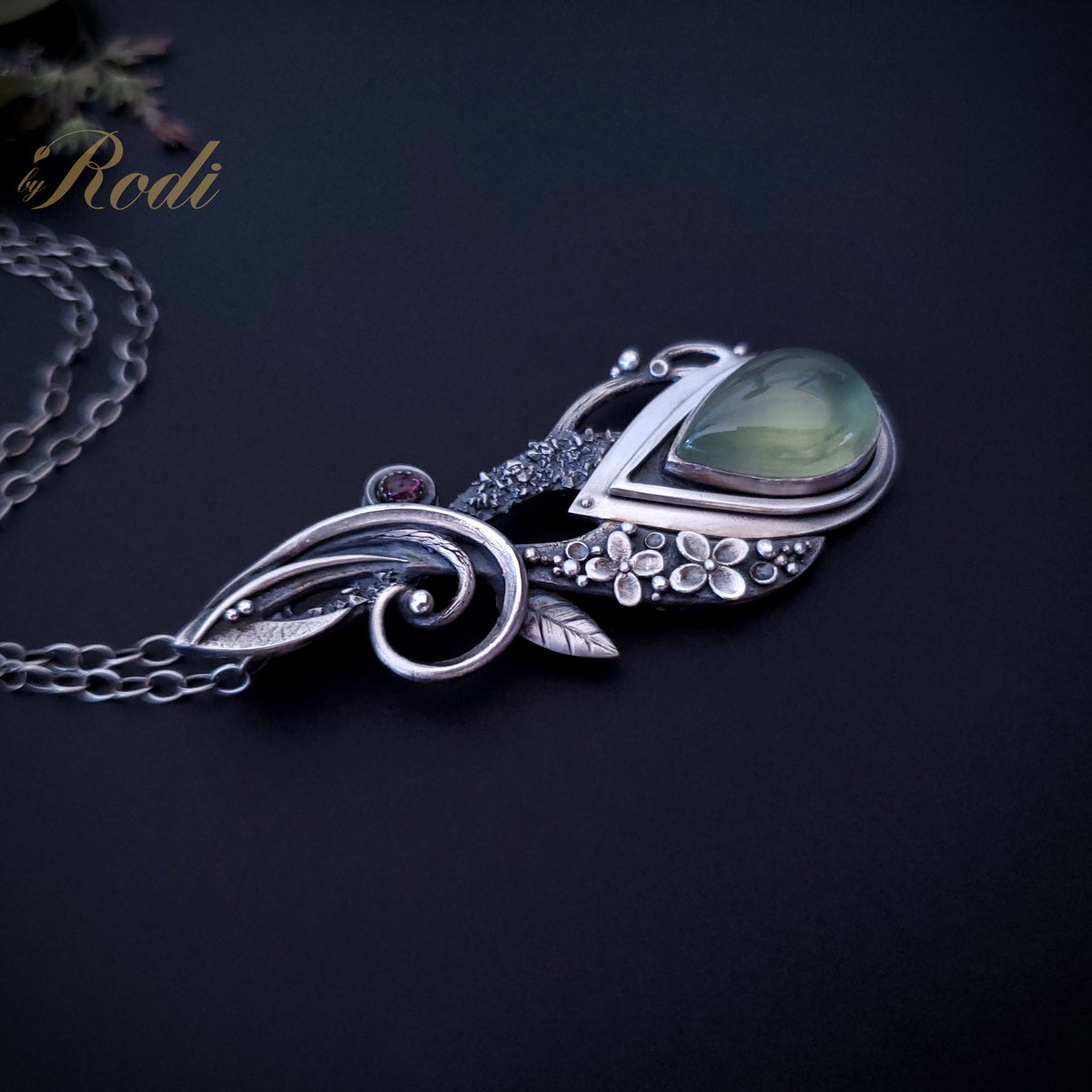 Solitude - Fine Silver Pendant With Prehnite / Tourmaline