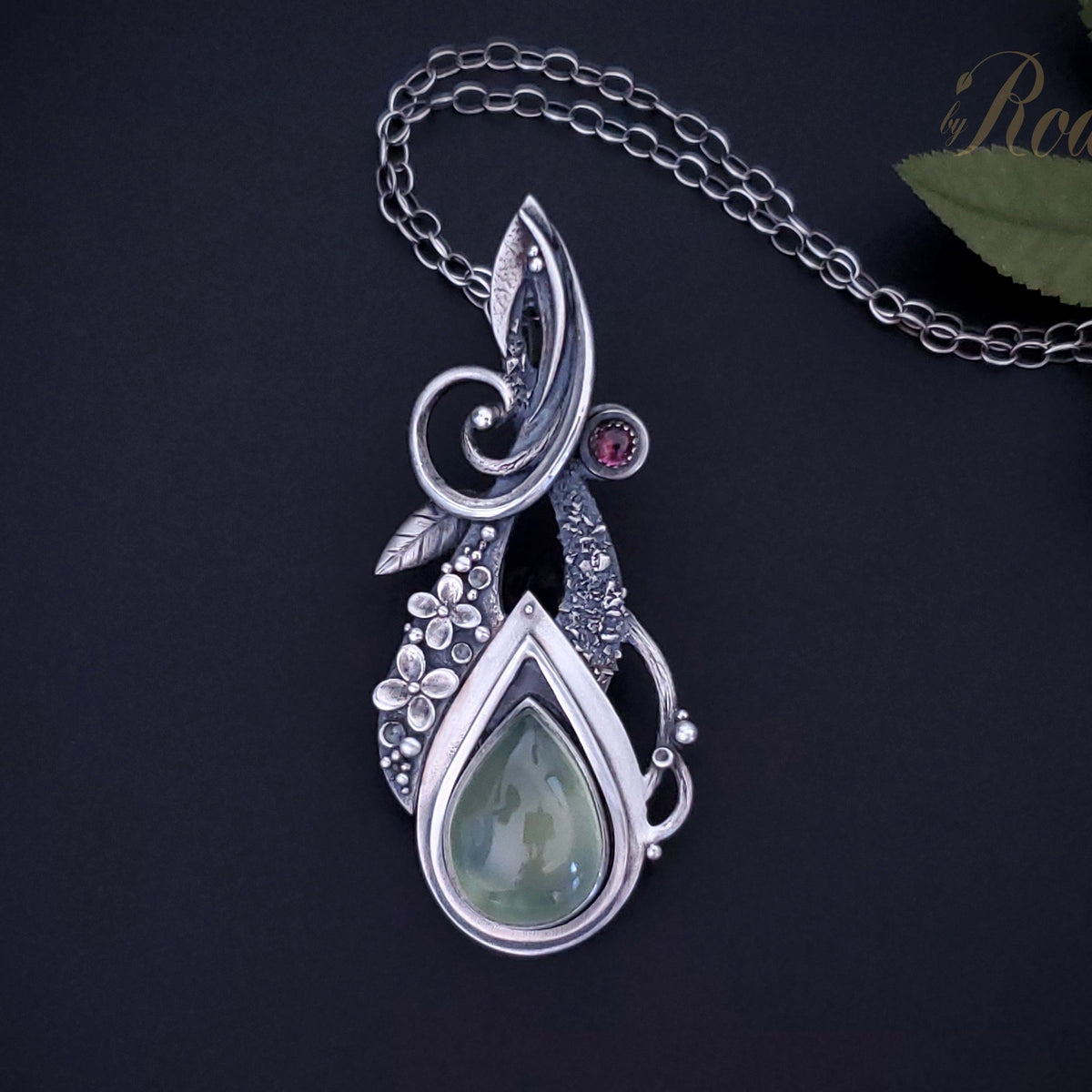 Solitude - Fine Silver Pendant With Prehnite / Tourmaline