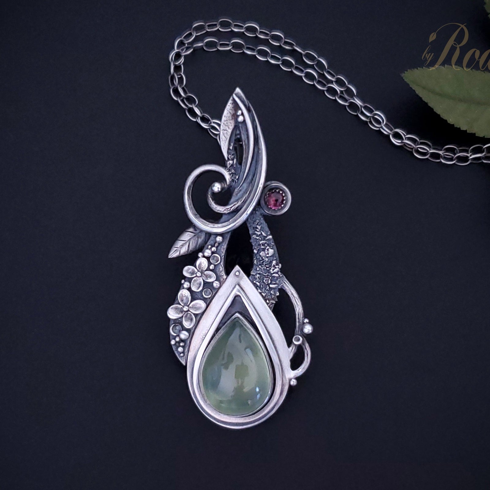 Solitude - Fine Silver Pendant With Prehnite / Tourmaline
