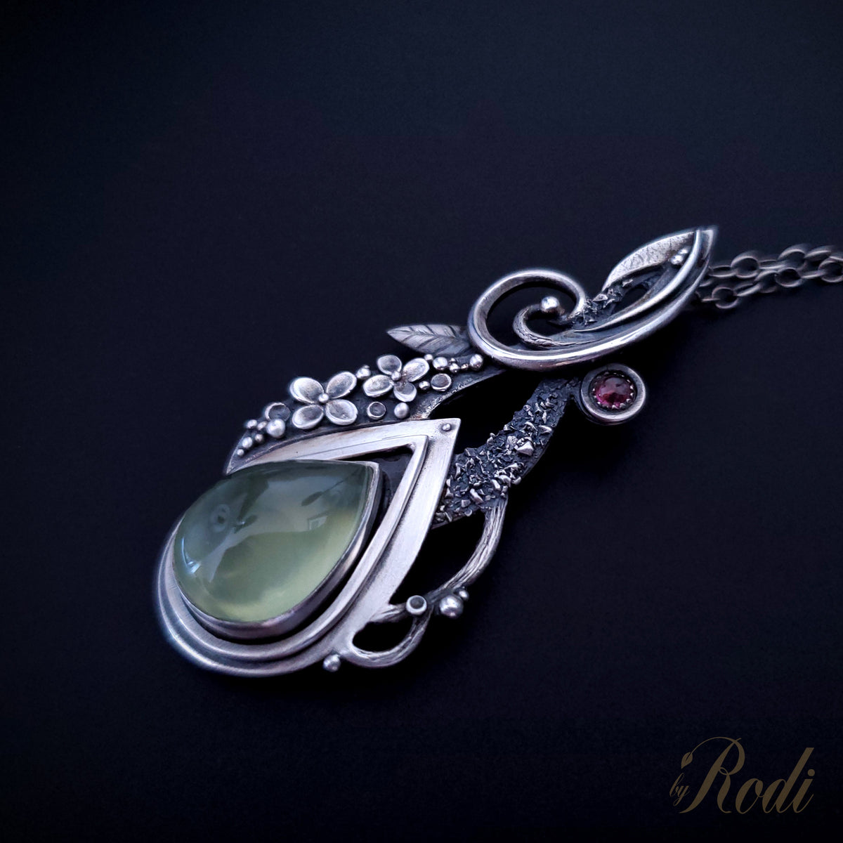 Solitude - Fine Silver Pendant With Prehnite / Tourmaline