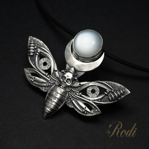 To The Light - Fine Silver Death's Head Hawkmoth With Moonstone Pendant
