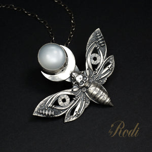 To The Light - Fine Silver Death's Head Hawkmoth With Moonstone Pendant