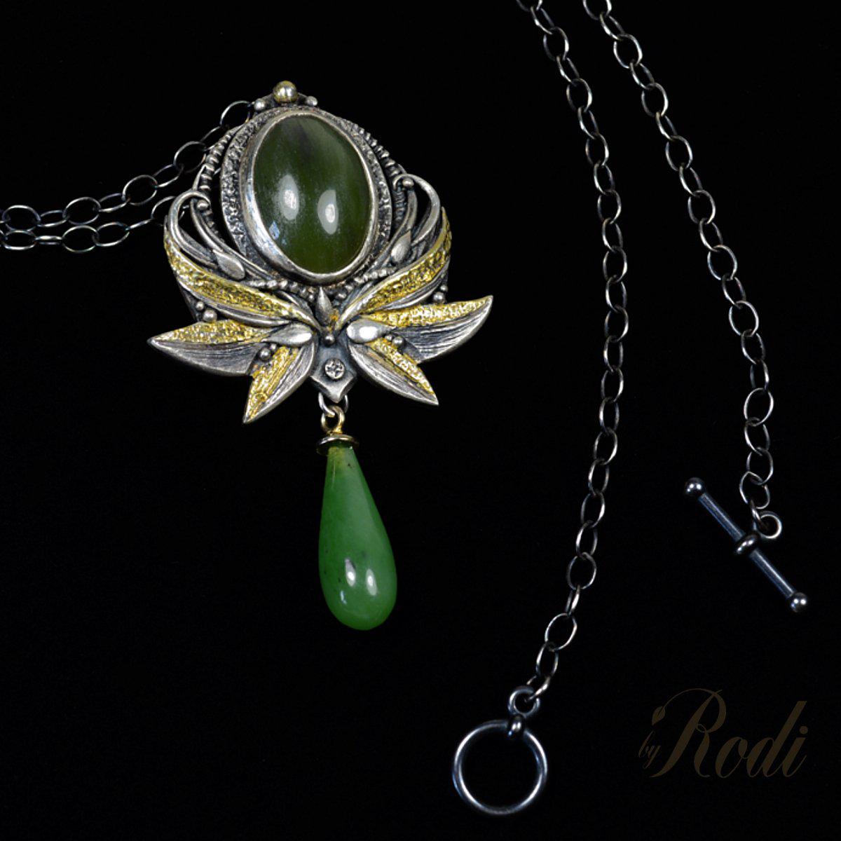Wisdom - Fine Silver / 24k Gold Pendant With Natural Jade (Canadian Nephrite )